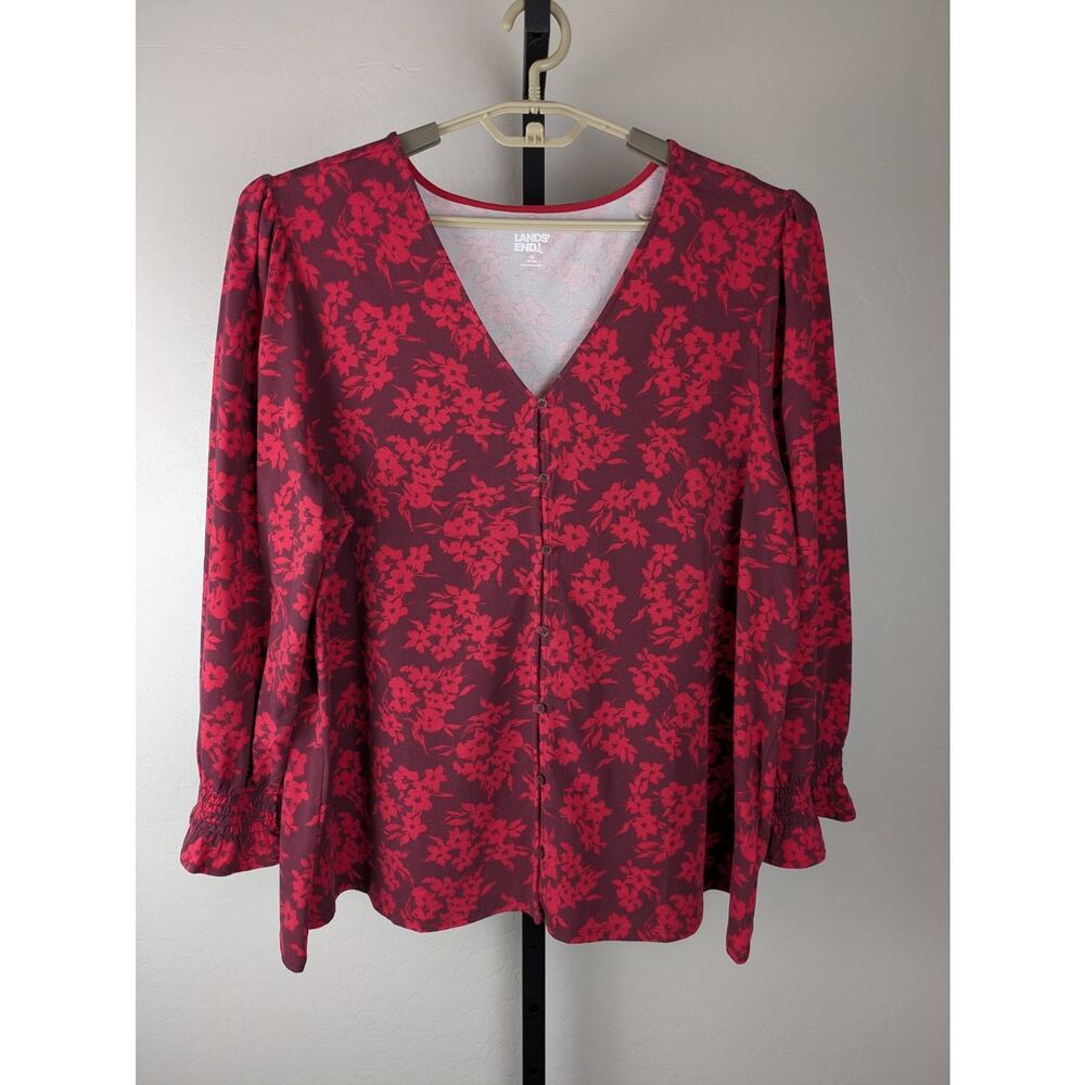 Lands' End Size 1X knit long sleeve shirt smocked wrists red burgundy floral